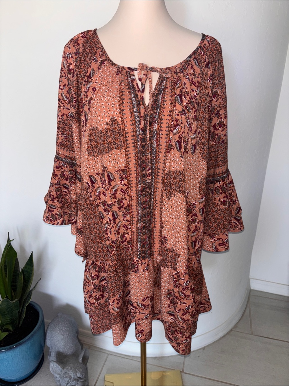 Umgee Floral Boho Tie-Neck Tunic